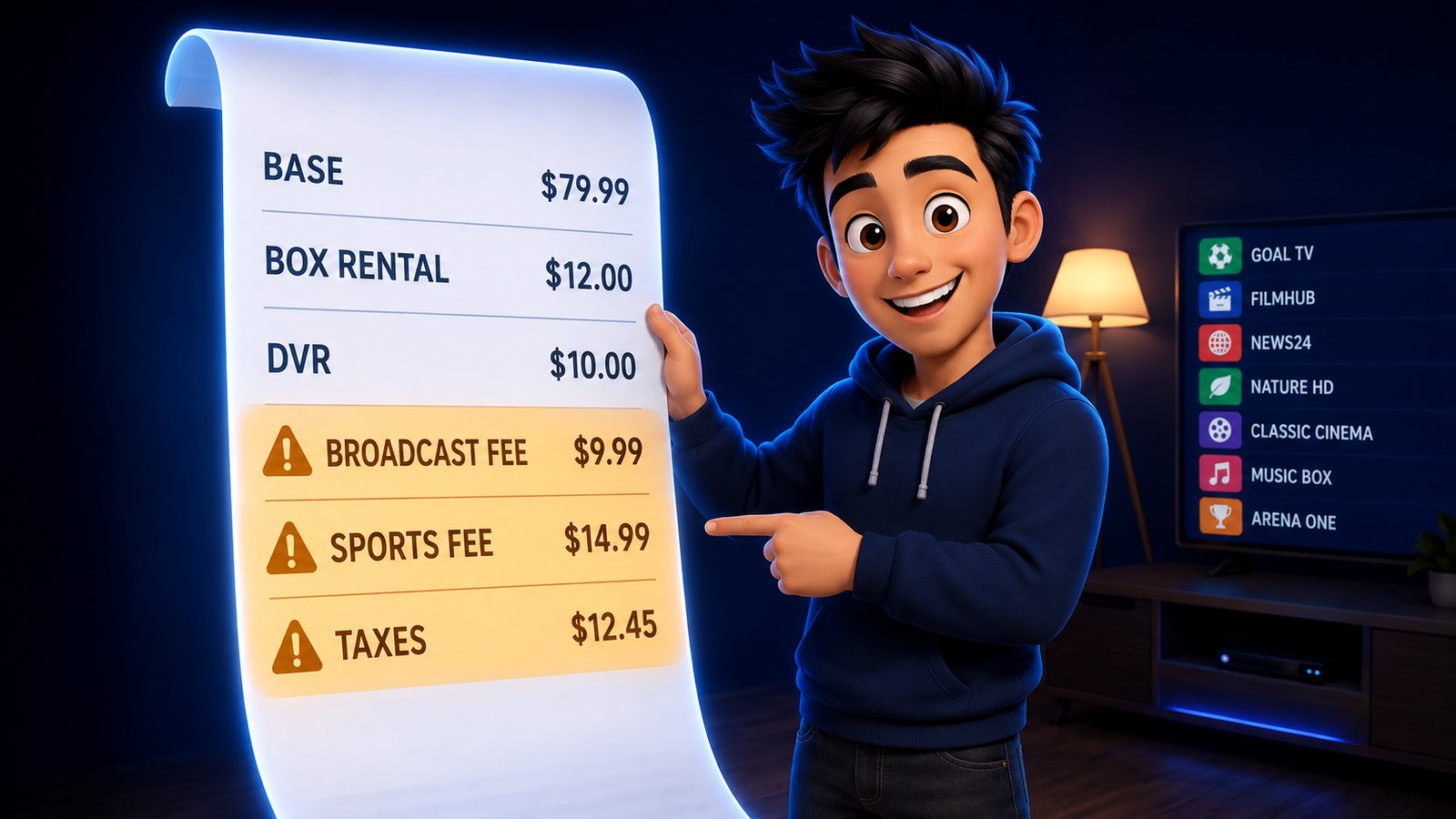 Illustration of a cable TV bill showing base price, box rental, DVR, broadcast fee, sports fee and taxes