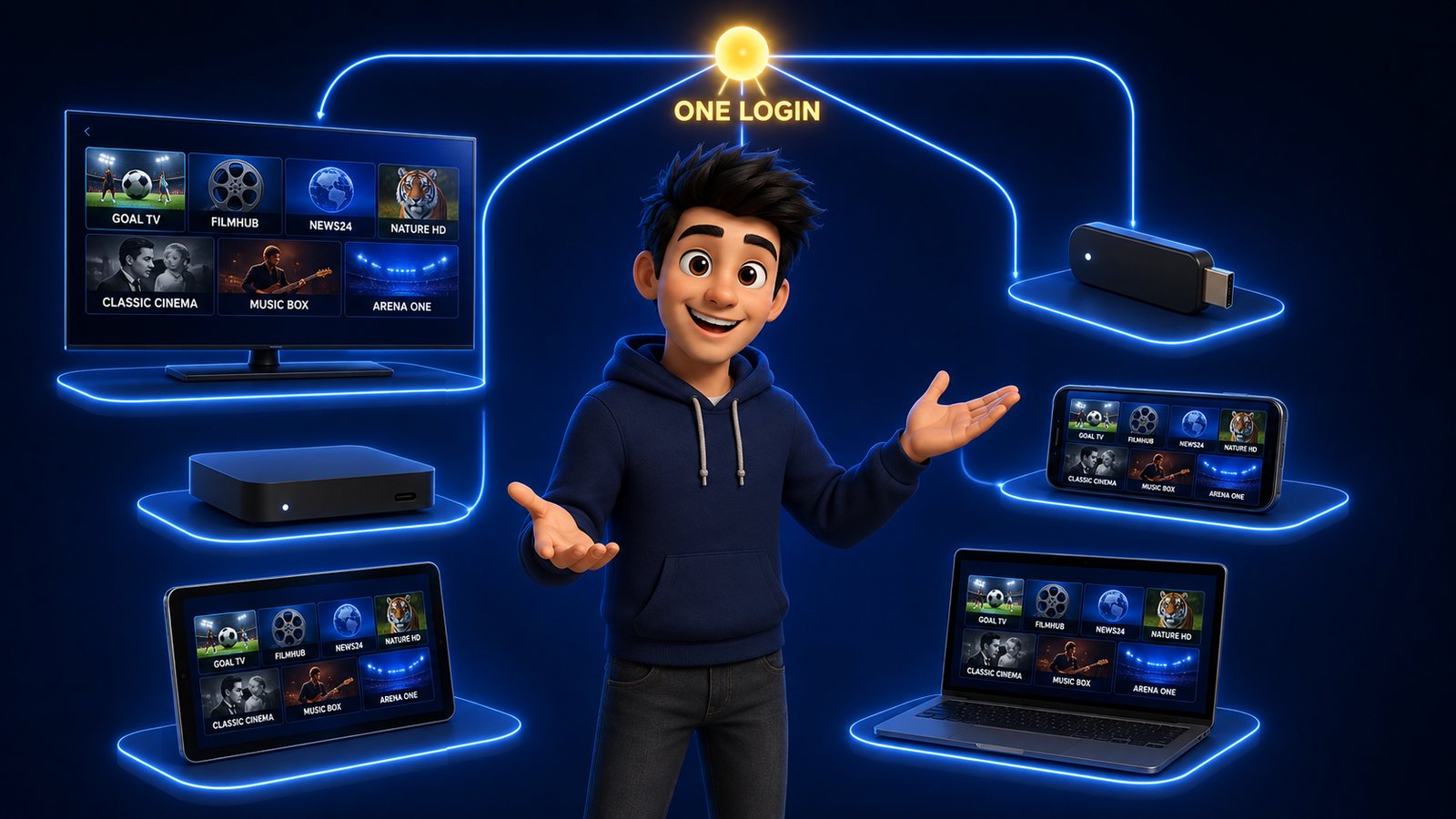One IPTV login shown working across a TV, streaming stick, phone, tablet, laptop and Android box