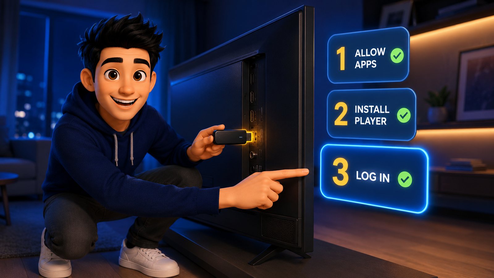 Streaming stick being plugged into a TV beside three setup steps: allow apps, install player, log in