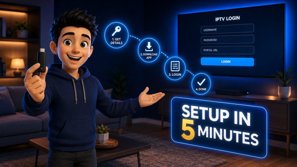 IPTV setup in five minutes: streaming stick, four setup steps and an IPTV login screen