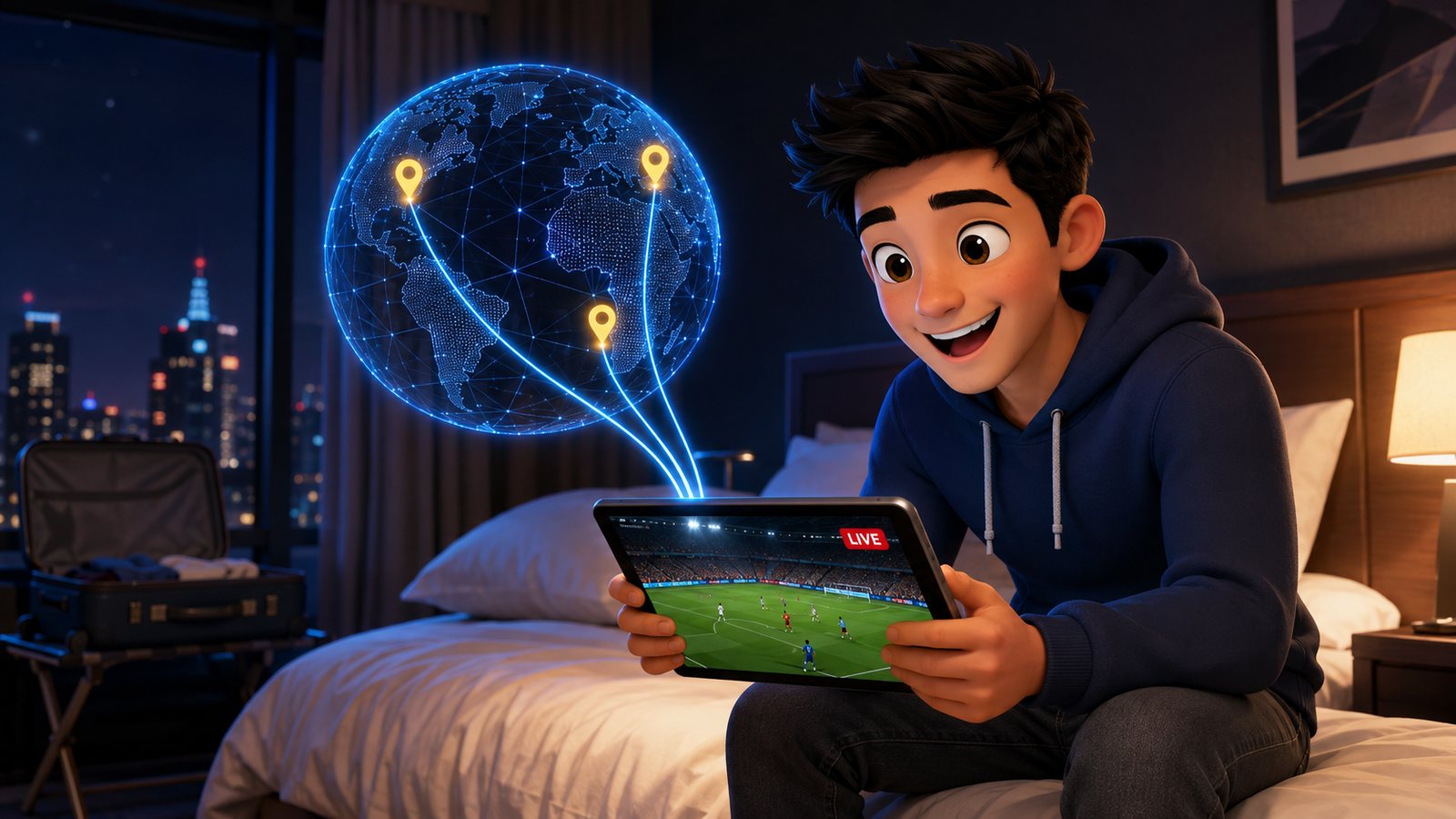 Watching a live football match on a tablet in a hotel room, with a glowing globe showing worldwide access