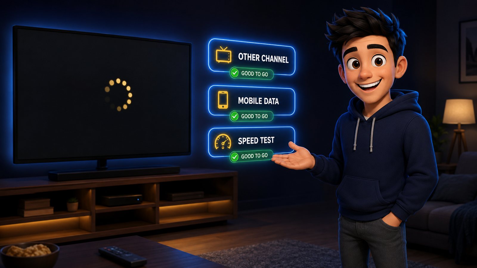 Stalled stream on a TV beside three diagnostic checks: other channel, mobile data, speed test