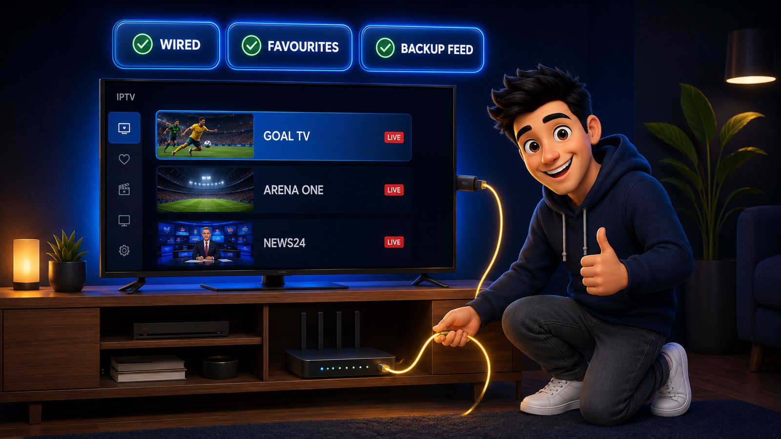 Ethernet cable being plugged into a router below a TV showing a live sports channel list, with wired, favourites and backup feed checks
