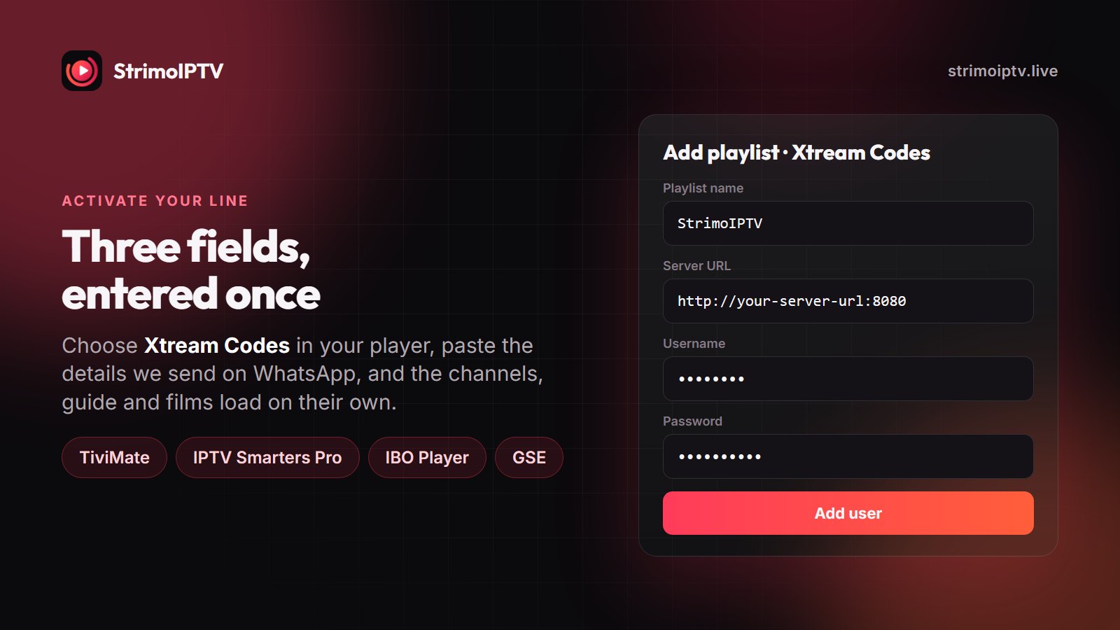 Activating StrimoIPTV in an IPTV player by entering the server URL, username and password