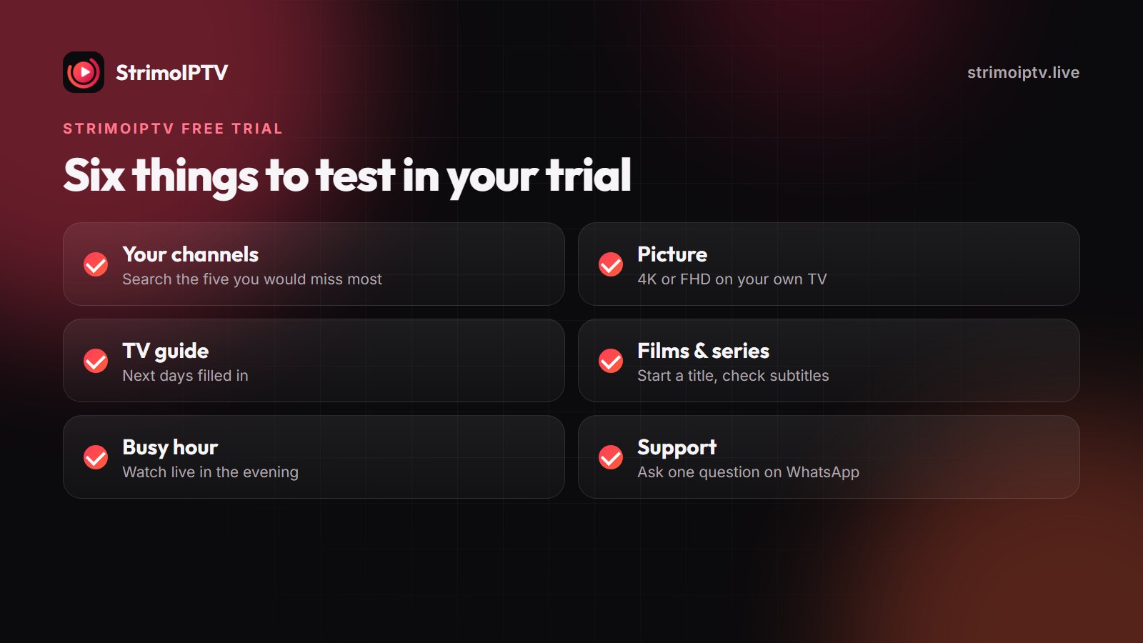 StrimoIPTV free trial checklist: channels, picture quality, guide, video on demand, peak hours and support